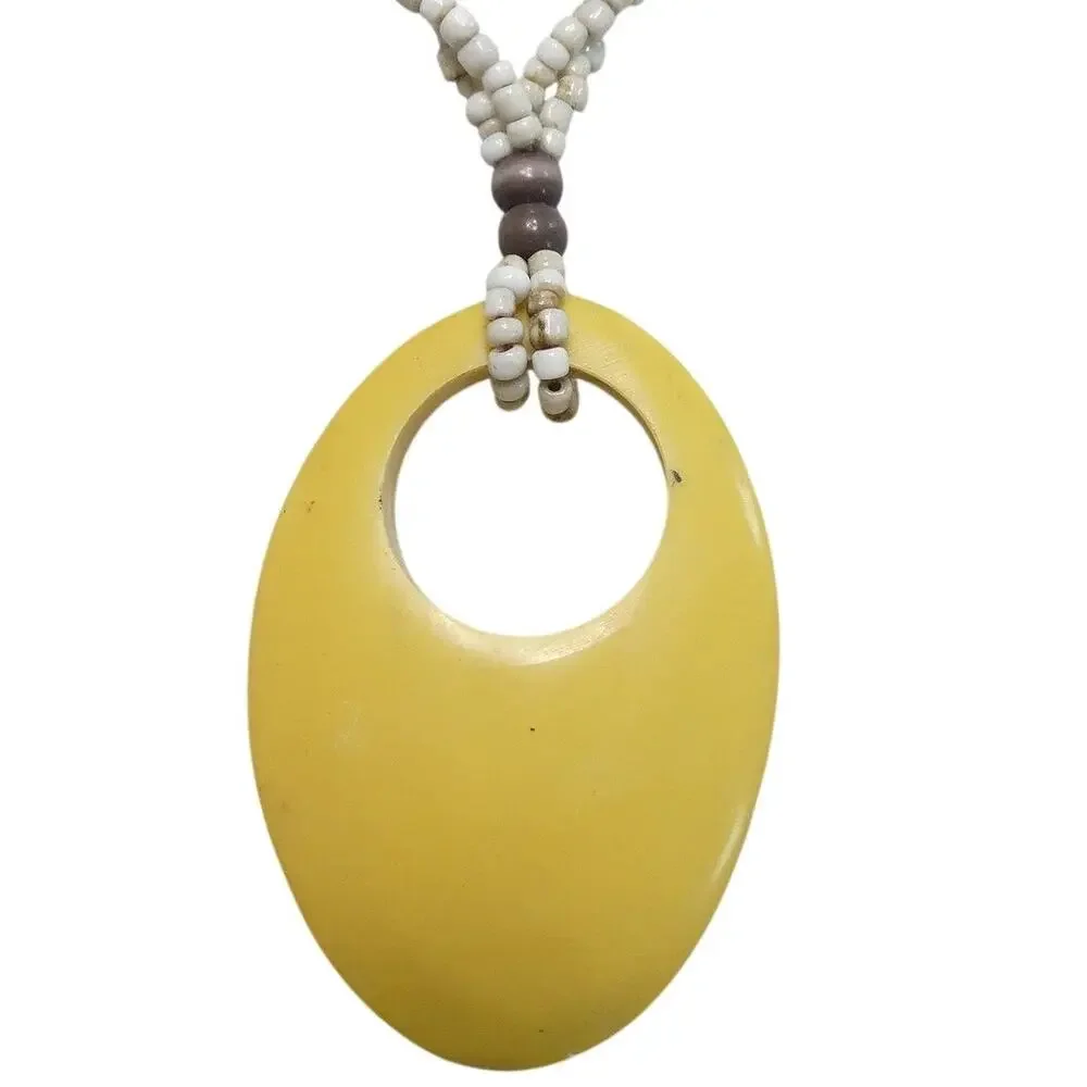 Vintage Chunky Yellow Bakelite & Seed Bead Geometric Boho Necklace